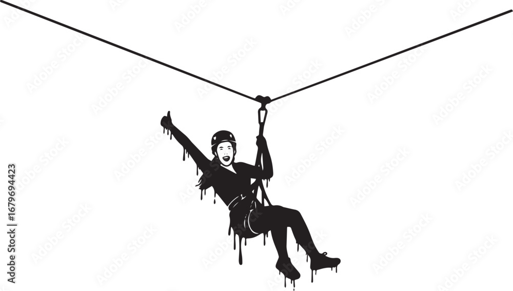 Obraz premium Exciting zipline adventure of a young woman in silhouette agains