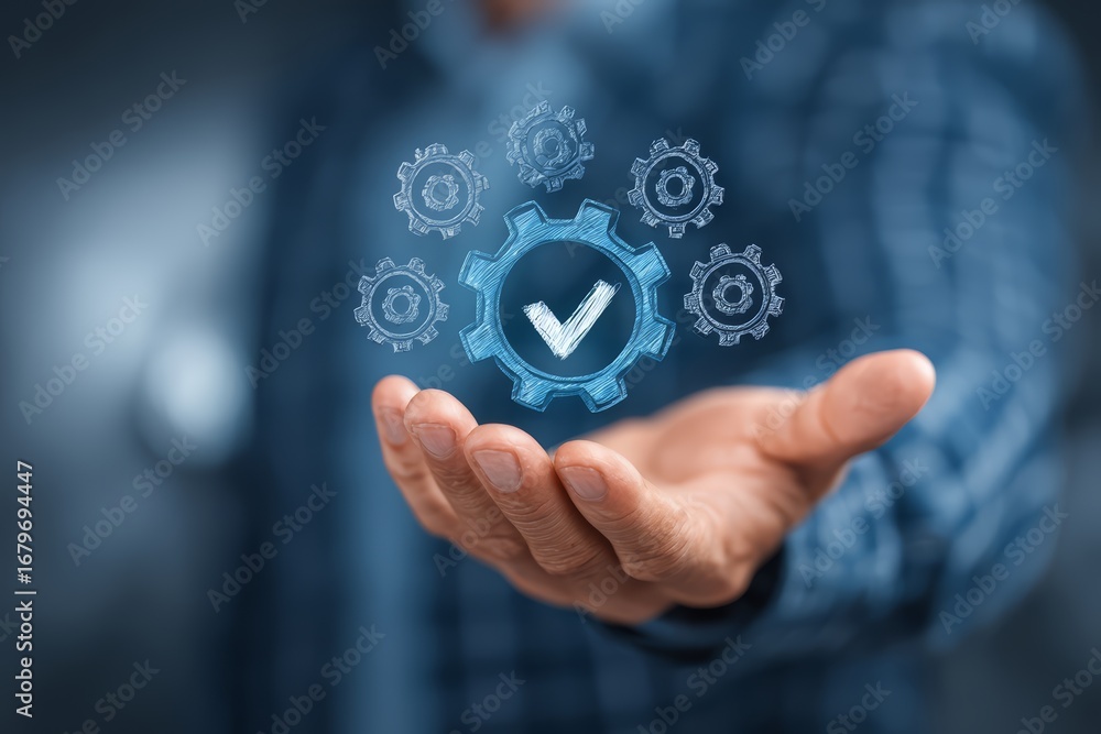 custom made wallpaper toronto digitalMan is holding a blue hand with a gear on it. The gear has a checkmark on it