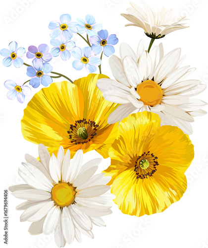 Beautiful vector bouquet of flowers. Summer and spring bright flowers. Blossom and flowers for decoration