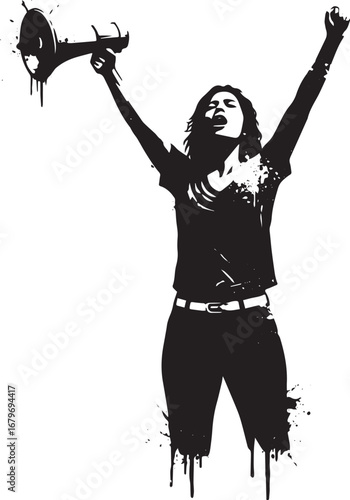 Woman with megaphone raising arms in protest monochrome artistic