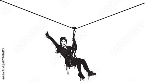 Exciting zipline adventure of a young woman in silhouette agains