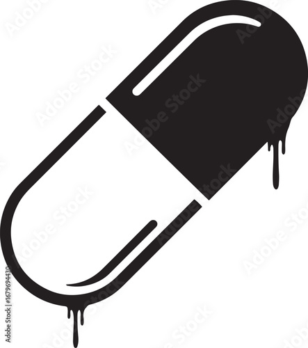 Monochrome stylized depiction of a capsule pill with dripping ef