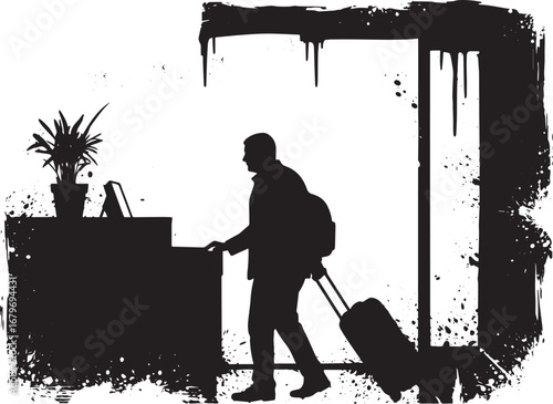 Striking monochromatic silhouette: Traveler arrival with grunge