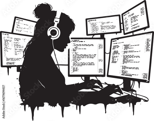 Silhouette of a woman programmer working with multiple monitors