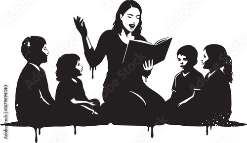 Captivating storytelling scene with a woman reading to attentive