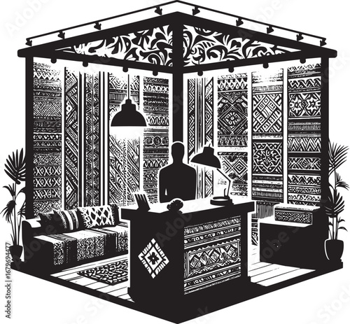 Intricate Black and White Illustration of an Office Interior with Detailed Patterns and Designs