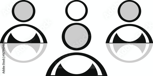 Three stylized abstract figures with gray heads and black bodies reflected on a white background