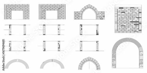 Collection of architectural drawings showcasing various brick arch construction methods and styles