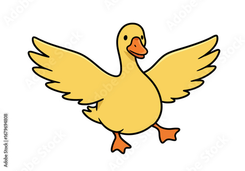 Yellow Duck with Wings Spread Illustration on White.