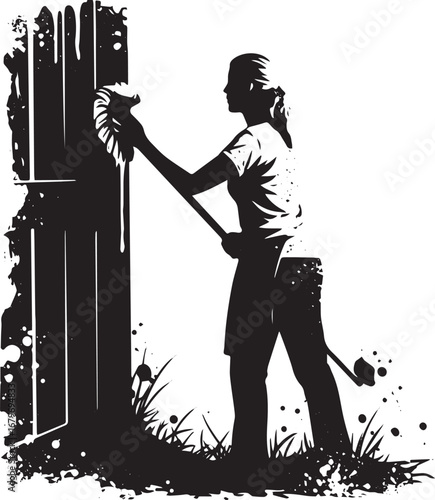 Monochromatic Silhouette of a Woman Cleaning a Wooden Structure