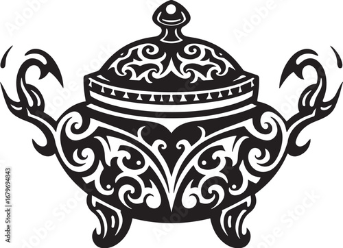 Ornate incense burner icon in black and white, evocative of trad