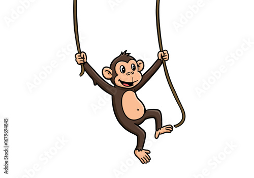 Cartoon Monkey Swinging on Vines in the Jungle.