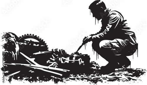 Monochrome abstract illustration featuring a mechanic working on