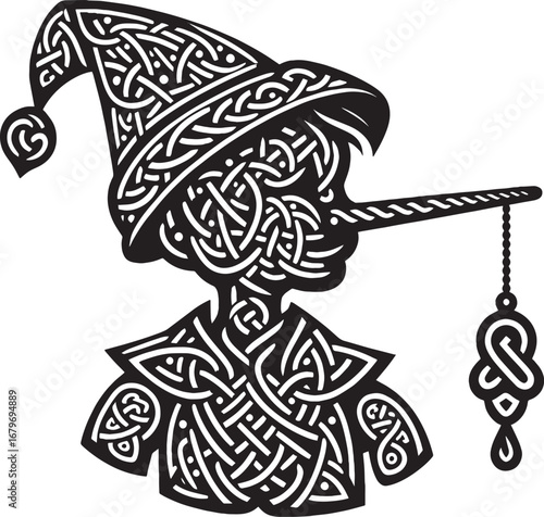 Intricate Black and White Illustration of a Figure with an Extended Nose and Detailed Patterns