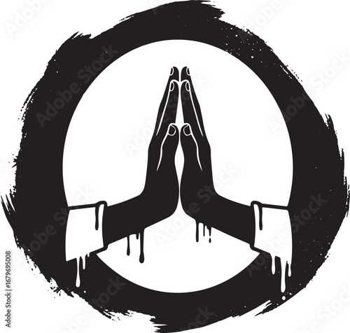 Illustrative depiction of praying hands in a textured circular f