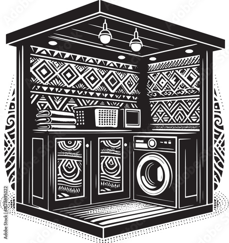 Detailed Black and White Illustration of a Laundry Room Interior with Decorative Patterns