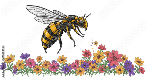 Mechanical bee in colorful floral garden with detailed artistic design