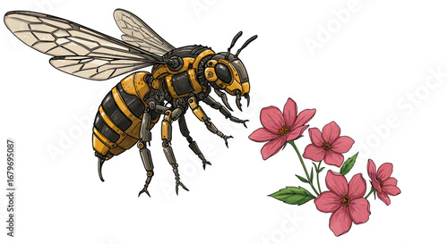 Robotic bee pollinating flowers: futuristic nature and technology integration