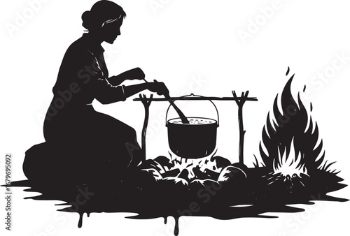 Vintage illustration of a woman cooking over a campfire with rus