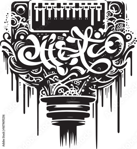 Abstract black and white graphic design with graffiti style elements and artistic flair