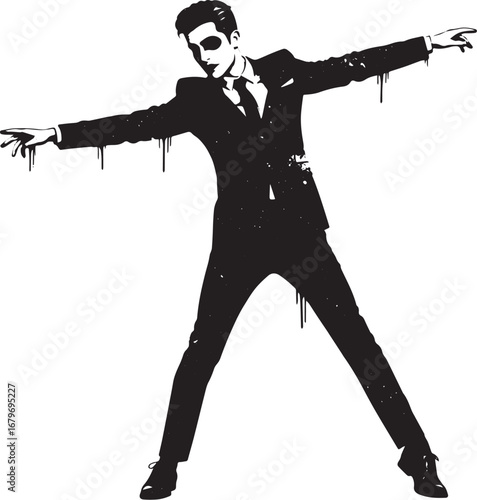 Surreal black and white image of a man balancing with artistic m