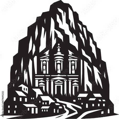 Black and White Illustration of a Mountain with Buildings and a Roadway Scene