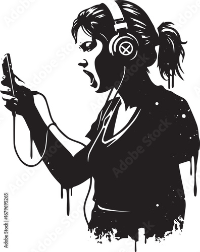 Anguished woman screaming into smartphone wearing headphones in