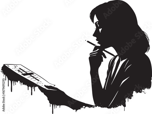 Contemplative woman solving crossword, thoughtful expression and