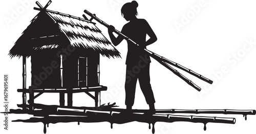 Silhouette of a woman constructing a traditional stilt house wit
