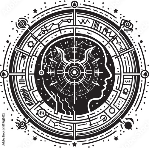Intricate black and white illustration of a Taurus zodiac sign combined with human mind concept