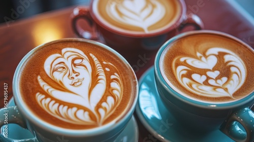 Three cups of latte art showcasing artistic coffee designs and a warm cozy atmosphere