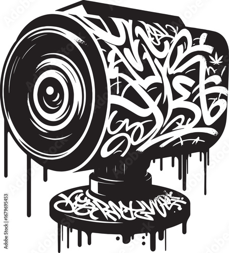 Graffiti art style illustration of a surveillance camera, black and white design, vector art
