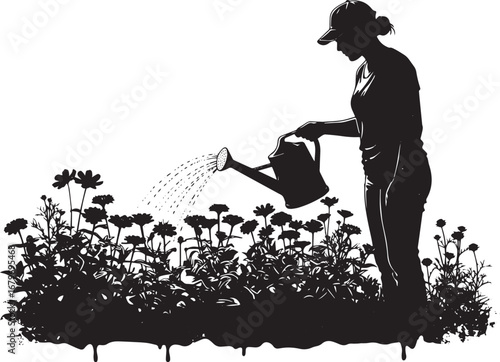 Silhouetted gardener nurturing blossoming field with watering ca