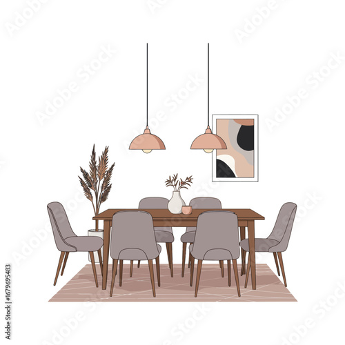 Wooden dining table with four stylish chairs in a modern, comfortable room