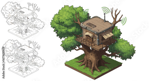 Futuristic treehouse with wi-fi aerial and two sketch variations