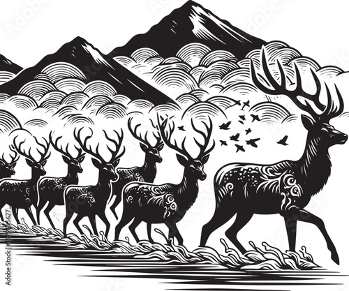 A monochrome illustration of a herd of deer migrating across a stylized landscape with mountains