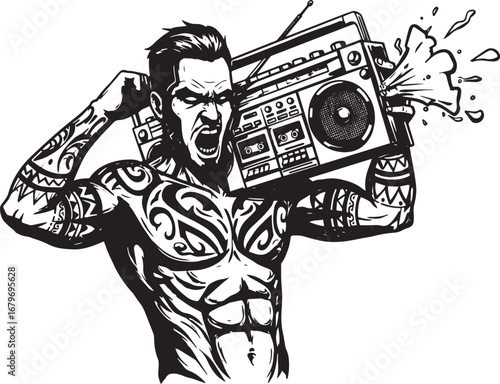 Tattooed man blasting music from a vintage boombox with dynamic