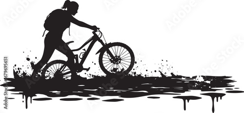 Silhouette of determined woman pushing mountain bike through mud