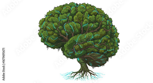 Tree shaped like brain with vivid green leaves and roots on white background