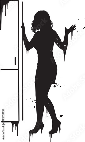 Silhouette of a woman next to refrigerator, abstract grunge styl