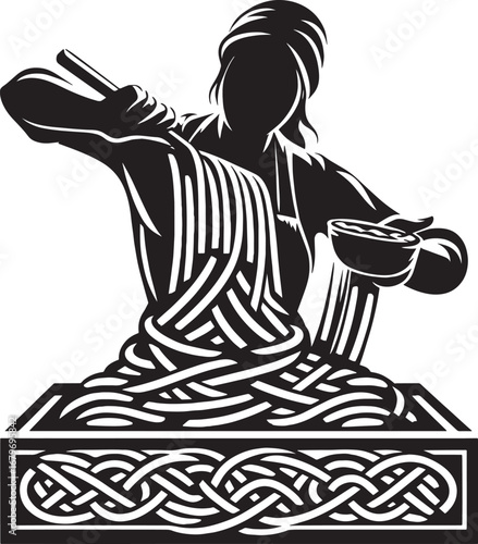 Silhouette of a chef preparing a large portion of noodles with a decorative base element