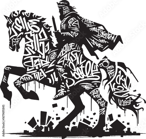 Unique black and white illustration of a knight on a horse with graffiti and artistic style
