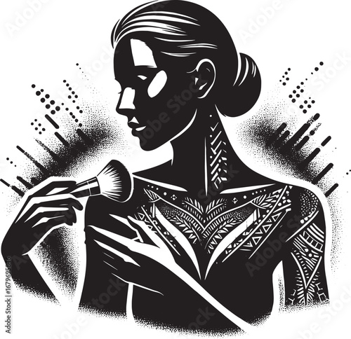 Illustration of a woman applying makeup with a brush in black and white with detailed tattoos