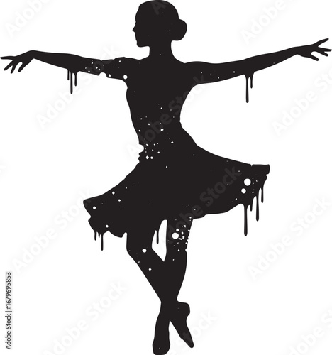 Abstract dancer silhouette with dripping paint effect against wh