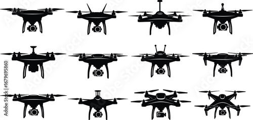 Drone silhouette vector set with twelve quadcopter designs, front view, black icons, camera mounted, propellers, landing gear, illustration