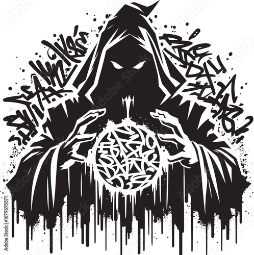 Mysterious hooded figure holding a glowing orb surrounded by graffiti art design