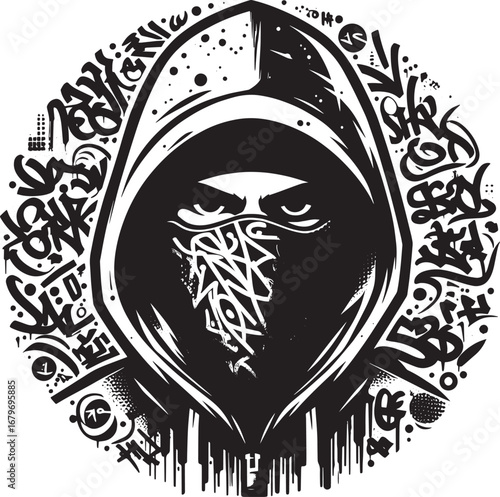 Iconic Graffiti Artist with a Hood and Mask Surrounded by Artistic Street Art Elements
