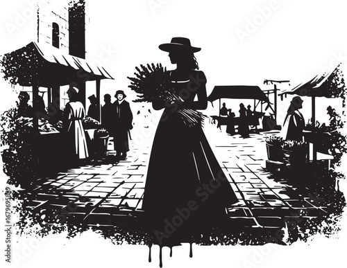 Elegant silhouette of a woman at a medieval market square filled