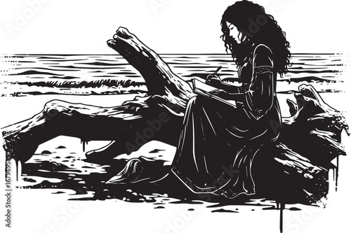 Pensive woman sketching in nature: serene beach scene artistic i