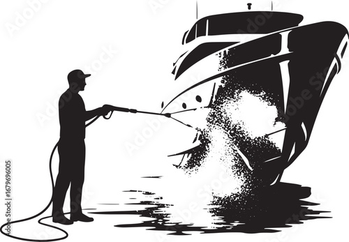 Silhouette of a man cleaning a luxurious yacht with a high-press